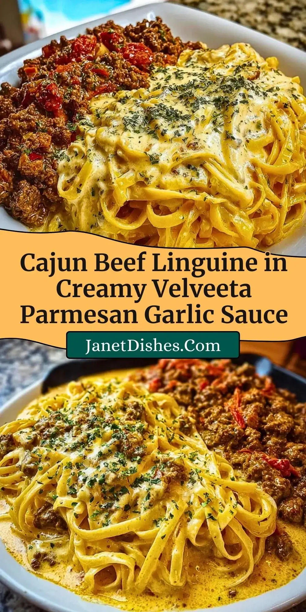 Cajun Beef Linguine in Creamy Velveeta Parmesan Garlic Sauce Pin 2