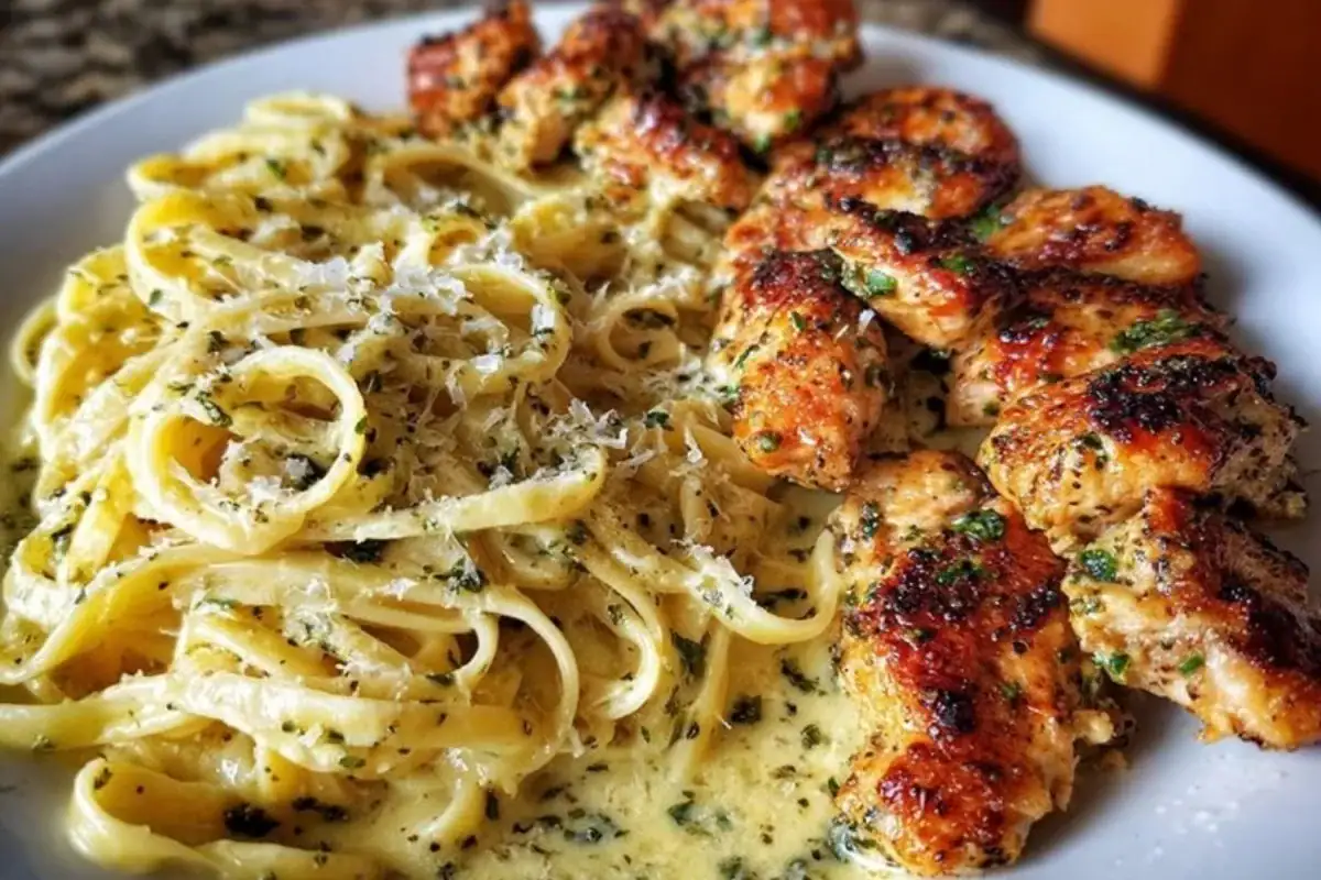 Cheesy Alfredo Linguine with Golden Garlic Butter Chicken in Creamy Sauce 1