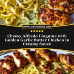 Cheesy Alfredo Linguine with Golden Garlic Butter Chicken in Creamy Sauce Pin 1