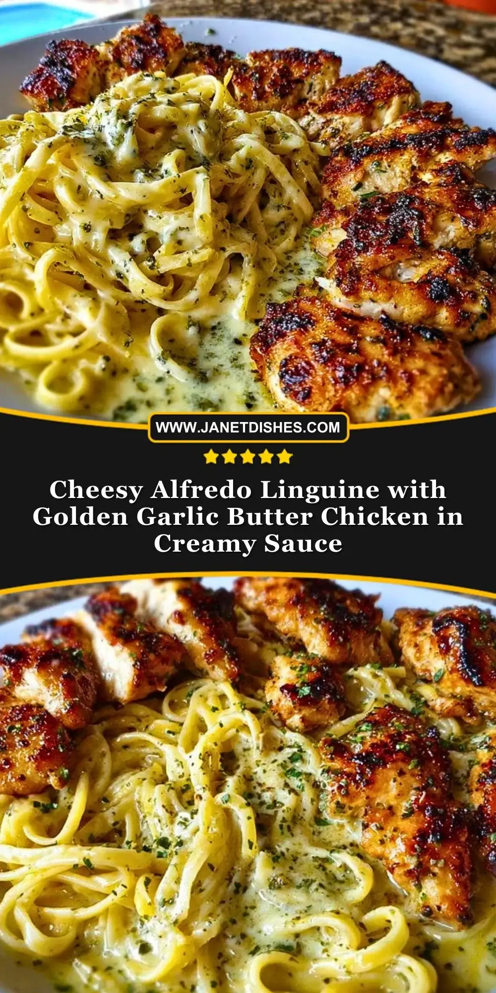 Cheesy Alfredo Linguine with Golden Garlic Butter Chicken in Creamy Sauce Pin 1