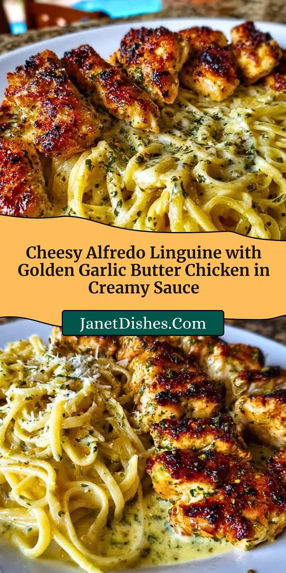 Cheesy Alfredo Linguine with Golden Garlic Butter Chicken in Creamy Sauce Pin 2