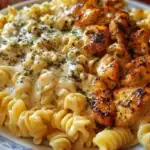 Cheesy Alfredo Twisted Pasta with Golden Garlic Butter Chicken in Creamy Sauce 1