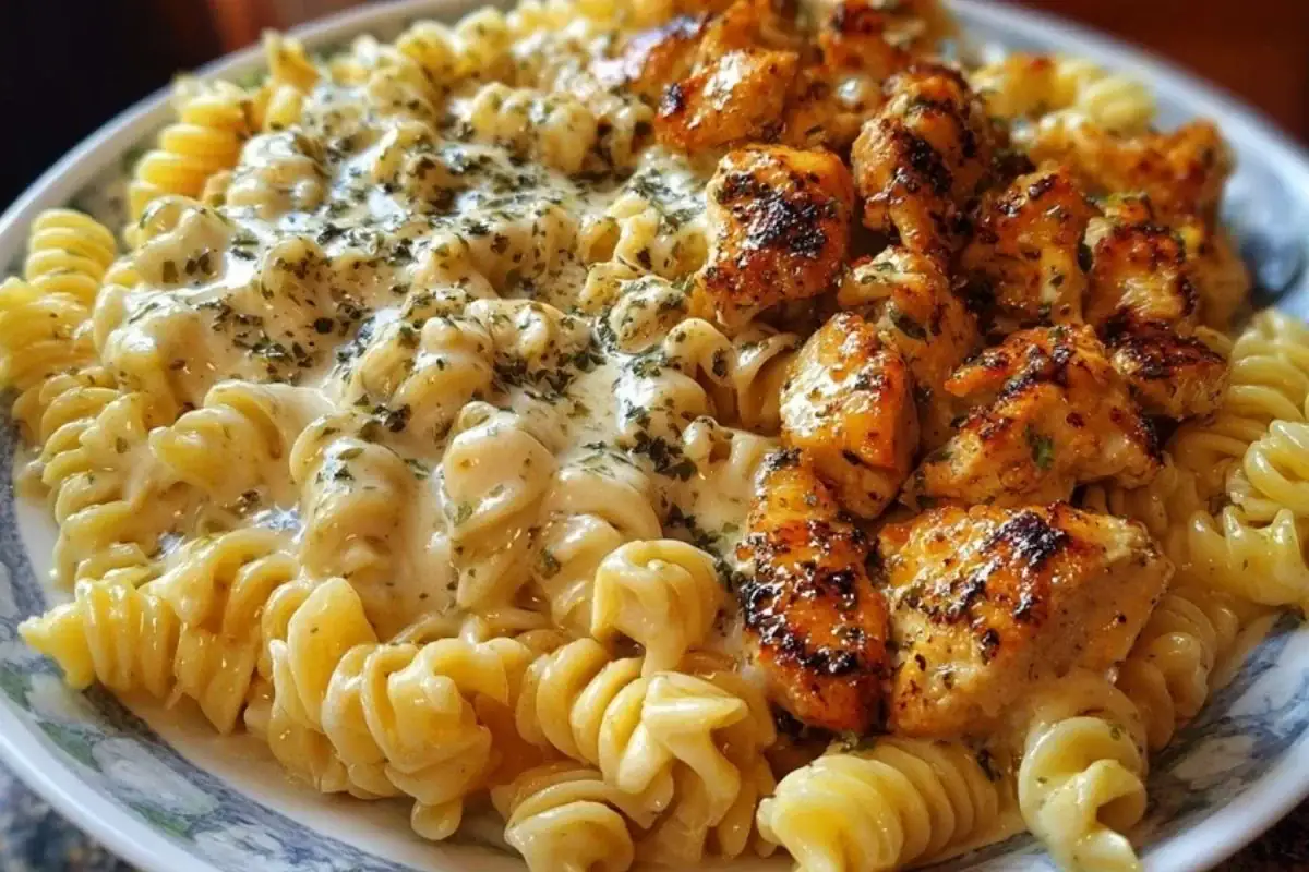 Cheesy Alfredo Twisted Pasta with Golden Garlic Butter Chicken in Creamy Sauce 1