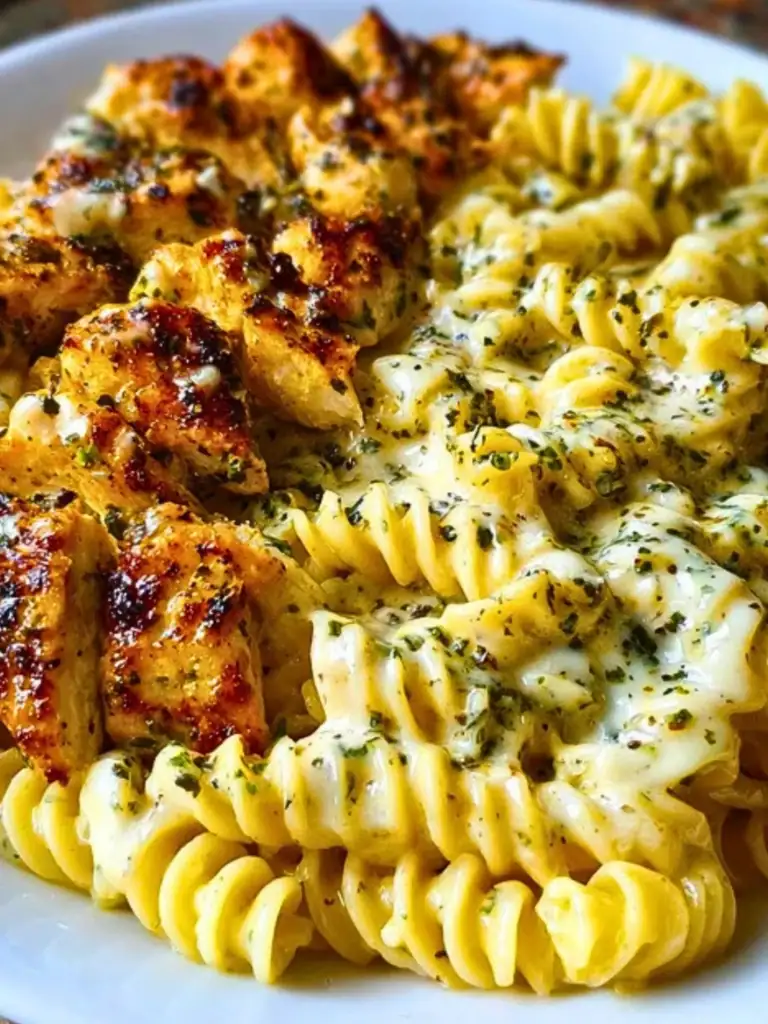 Cheesy Alfredo Twisted Pasta with Golden Garlic Butter Chicken in Creamy Sauce 2