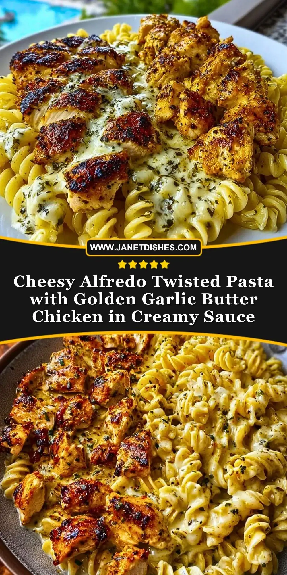 Cheesy Alfredo Twisted Pasta with Golden Garlic Butter Chicken in Creamy Sauce Pin 1