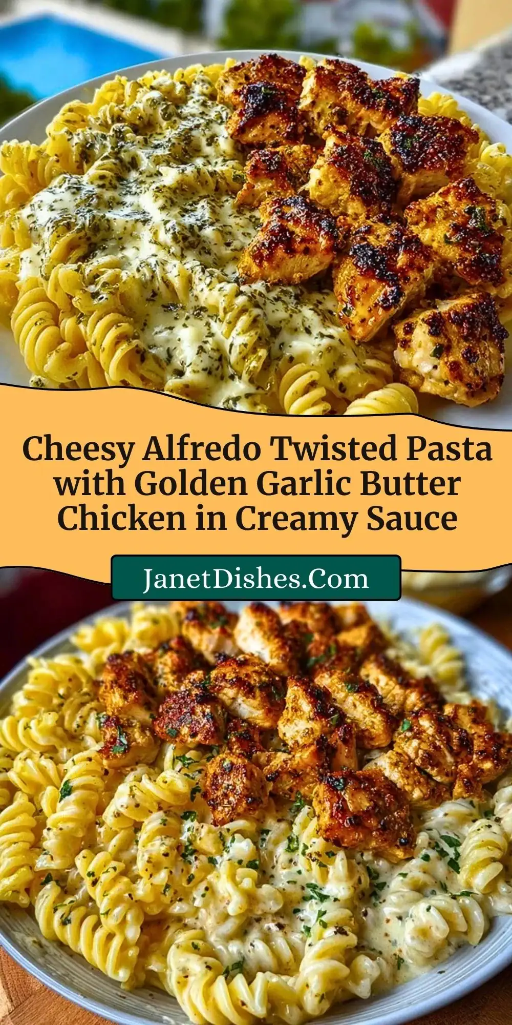 Cheesy Alfredo Twisted Pasta with Golden Garlic Butter Chicken in Creamy Sauce Pin 2
