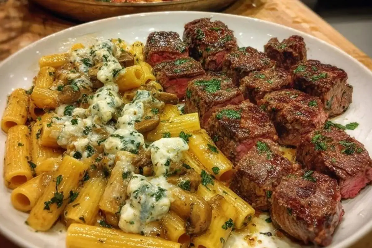 Cheesy Garlic Butter Steak with Rigatoni in Four-Cheese Sauce 1