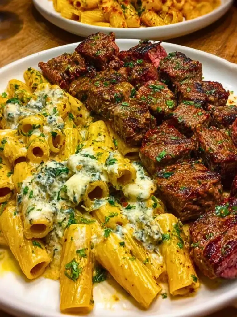 Cheesy Garlic Butter Steak with Rigatoni in Four-Cheese Sauce 2