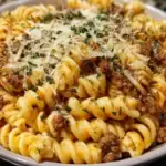 Cheesy Garlic Twisted Pasta with Cajun Ground Beef and Alfredo Velveeta 1