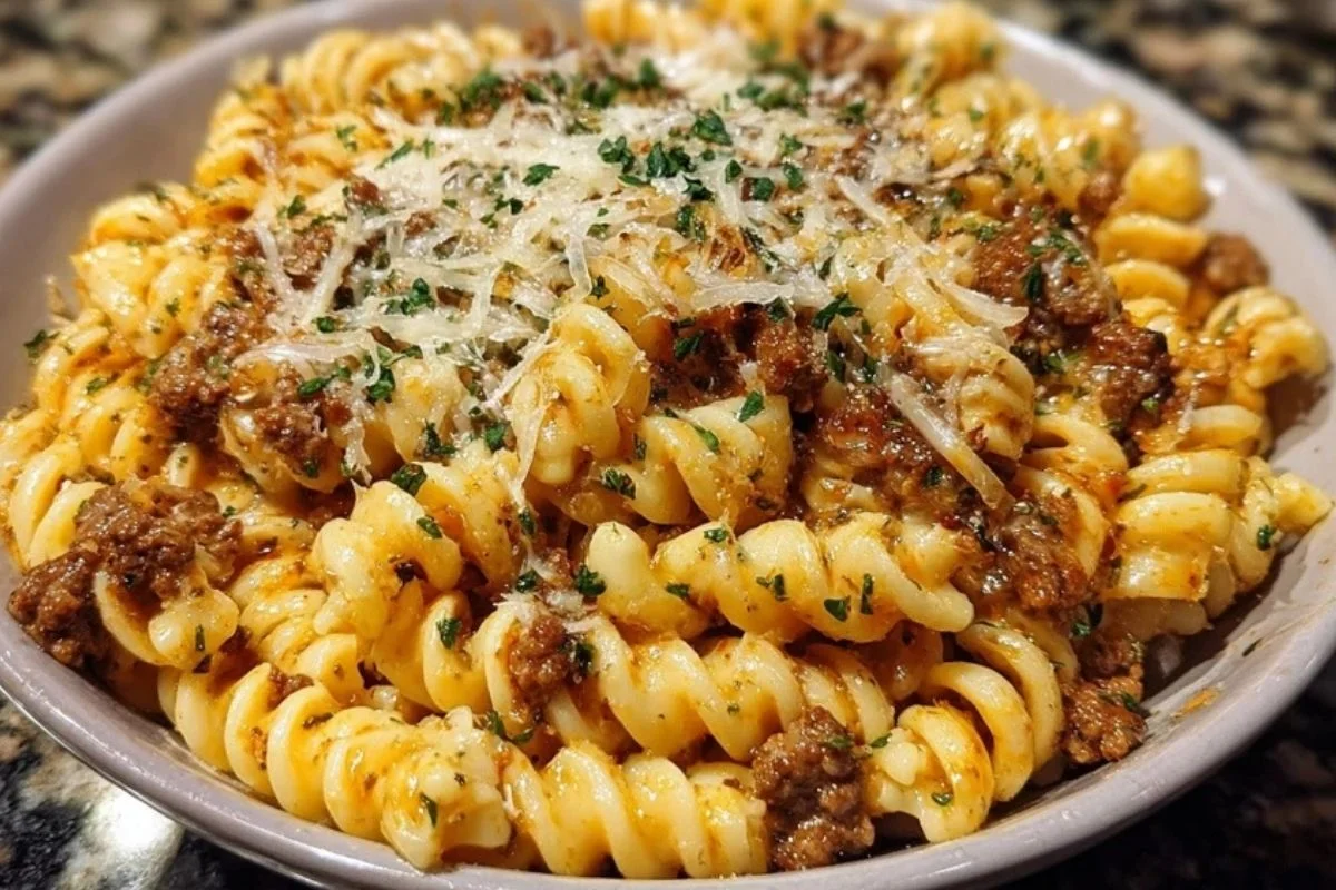 Cheesy Garlic Twisted Pasta with Cajun Ground Beef and Alfredo Velveeta 1