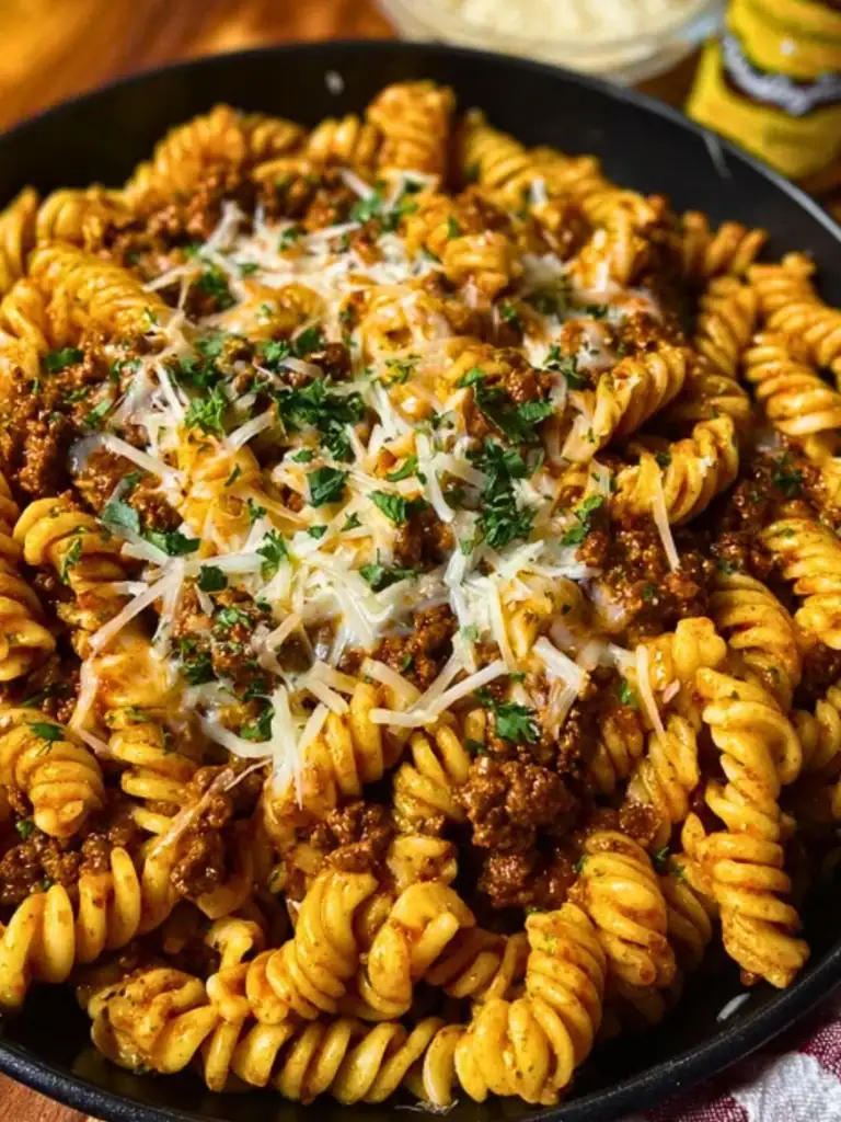 Cheesy Garlic Twisted Pasta with Cajun Ground Beef and Alfredo Velveeta 2
