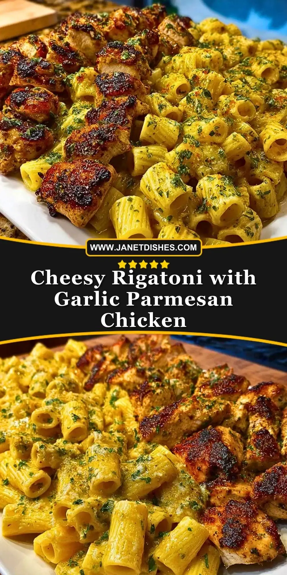 Cheesy Rigatoni with Garlic Parmesan Chicken Pin 1