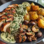 Chestnut Garlic Greek Chicken Alfredo with Sage Potatoes & Mushroom Basil Pesto 1