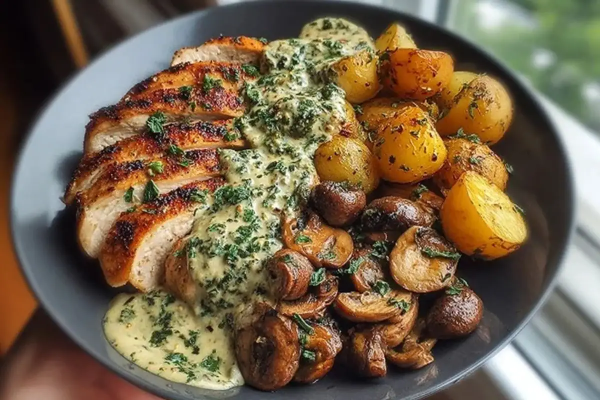Chestnut Garlic Greek Chicken Alfredo with Sage Potatoes & Mushroom Basil Pesto 1