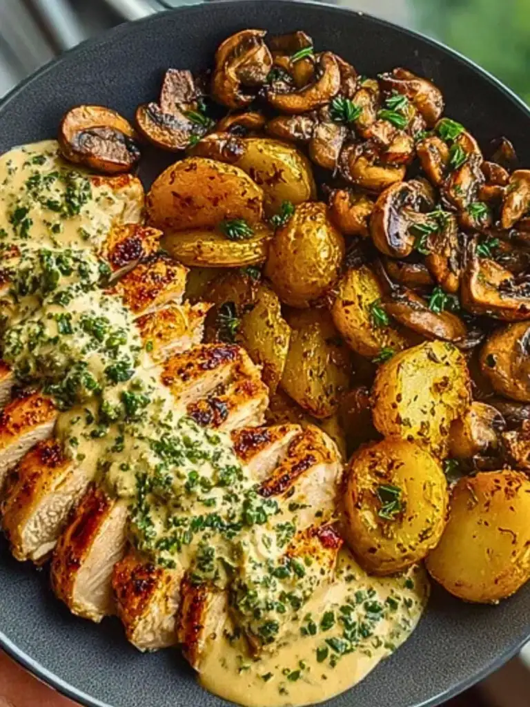 Chestnut Garlic Greek Chicken Alfredo with Sage Potatoes & Mushroom Basil Pesto 2