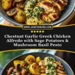 Chestnut Garlic Greek Chicken Alfredo with Sage Potatoes & Mushroom Basil Pesto Pin 1