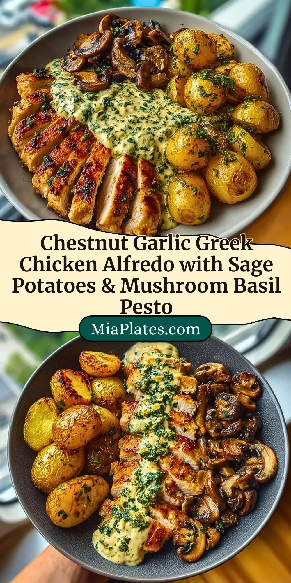 Chestnut Garlic Greek Chicken Alfredo with Sage Potatoes & Mushroom Basil Pesto Pin 2