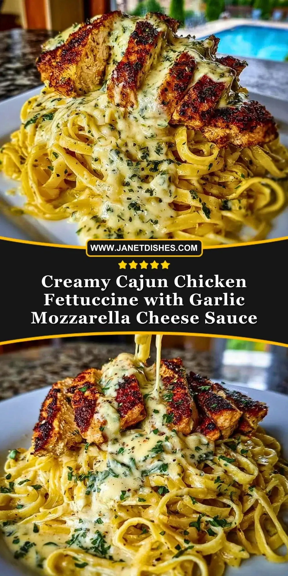Creamy Cajun Chicken Fettuccine with Garlic Mozzarella Cheese Sauce Pin 1