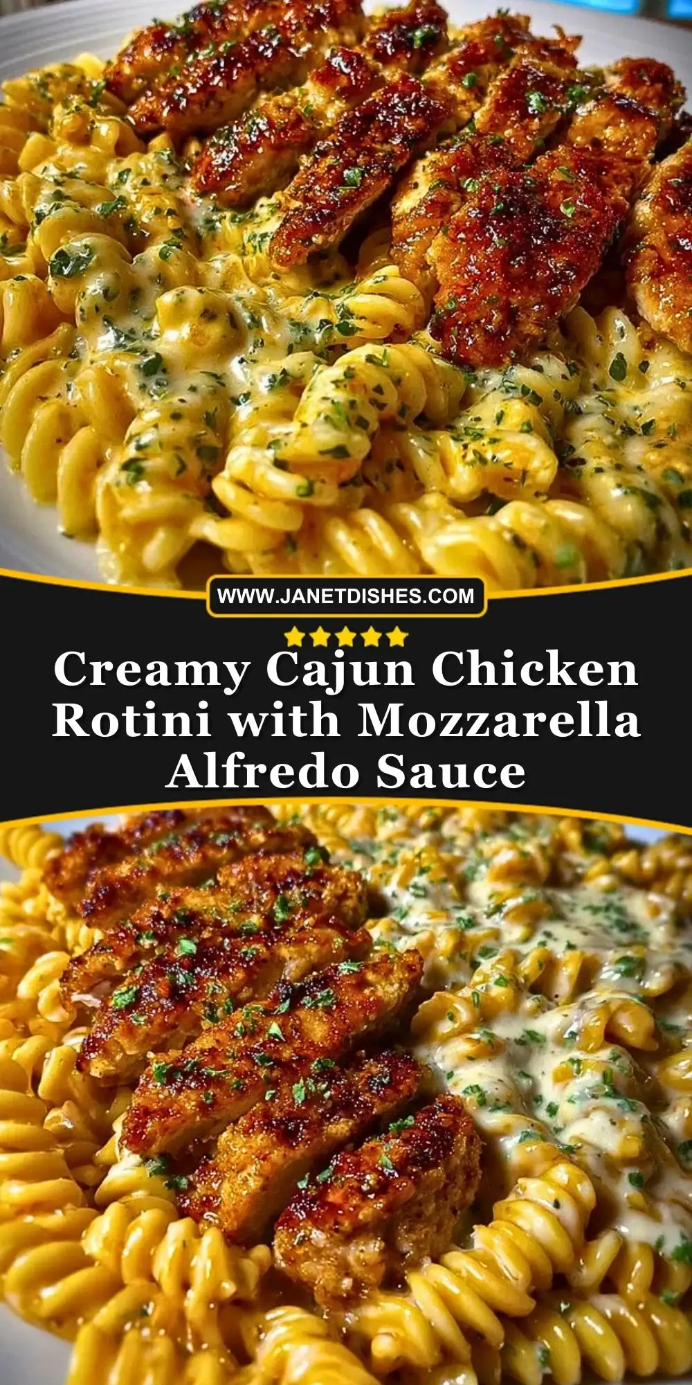 Creamy Cajun Chicken Rotini with Mozzarella Alfredo Sauce Pin 1