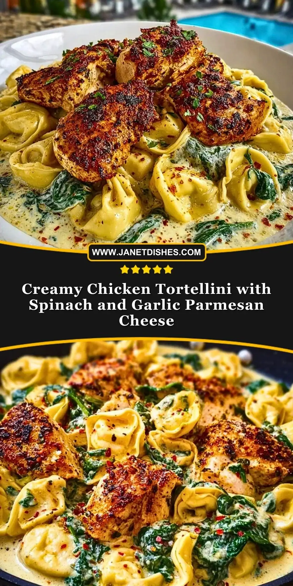 Creamy Chicken Tortellini with Spinach and Garlic Parmesan Cheese Pin 1