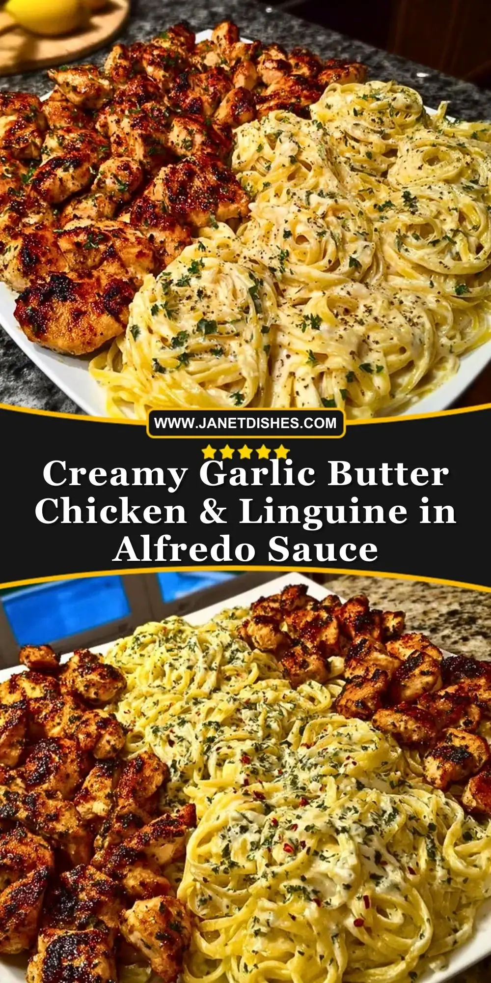 Creamy Garlic Butter Chicken & Linguine in Alfredo Sauce Pin 1