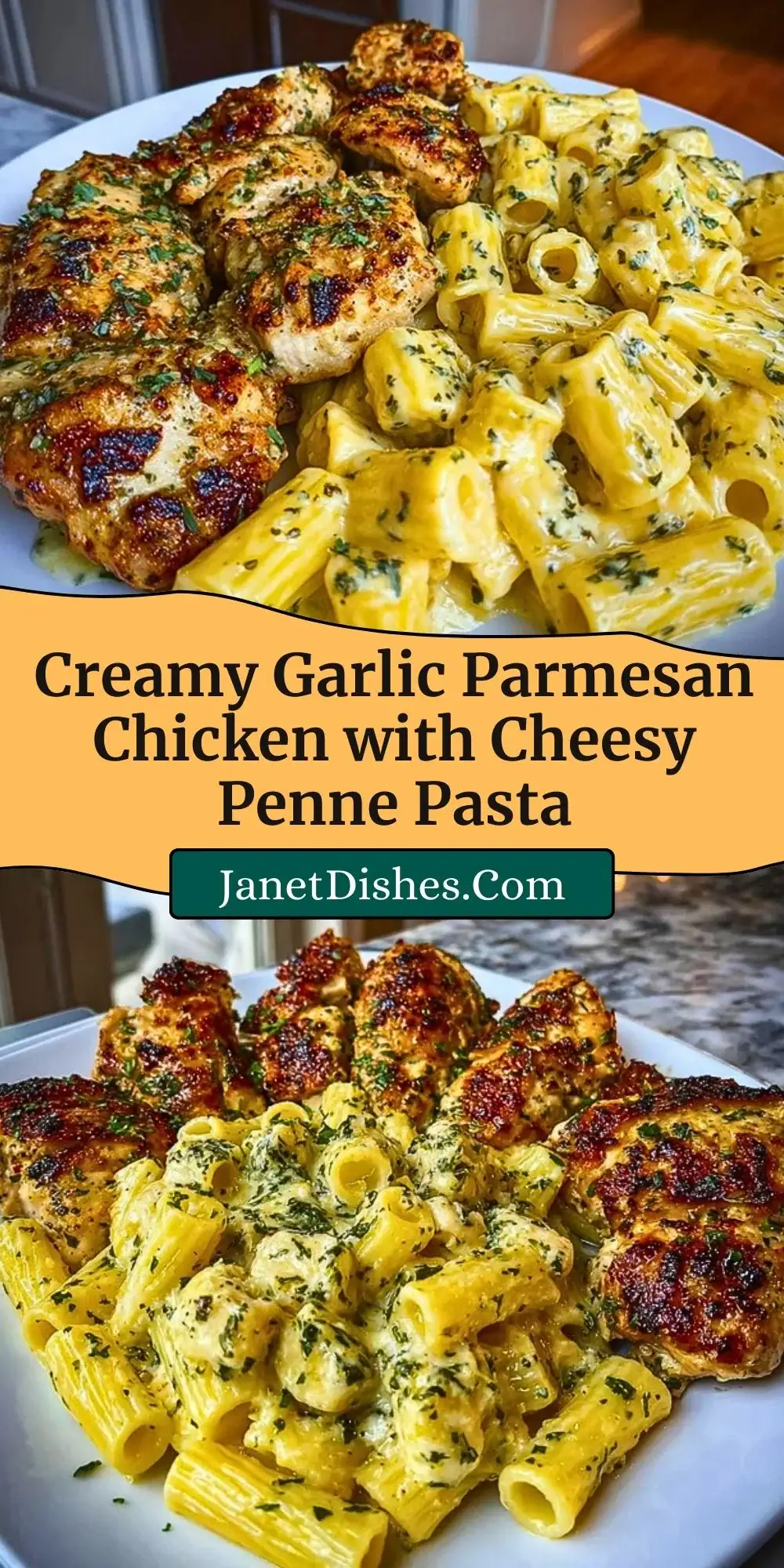 Creamy Garlic Parmesan Chicken with Cheesy Penne Pasta Pin 2