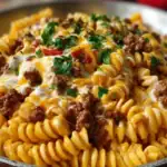 Creamy Mozzarella Rotini with Spicy Cajun Beef and Velveeta Sauce 1