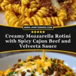 Creamy Mozzarella Rotini with Spicy Cajun Beef and Velveeta Sauce Pin 1