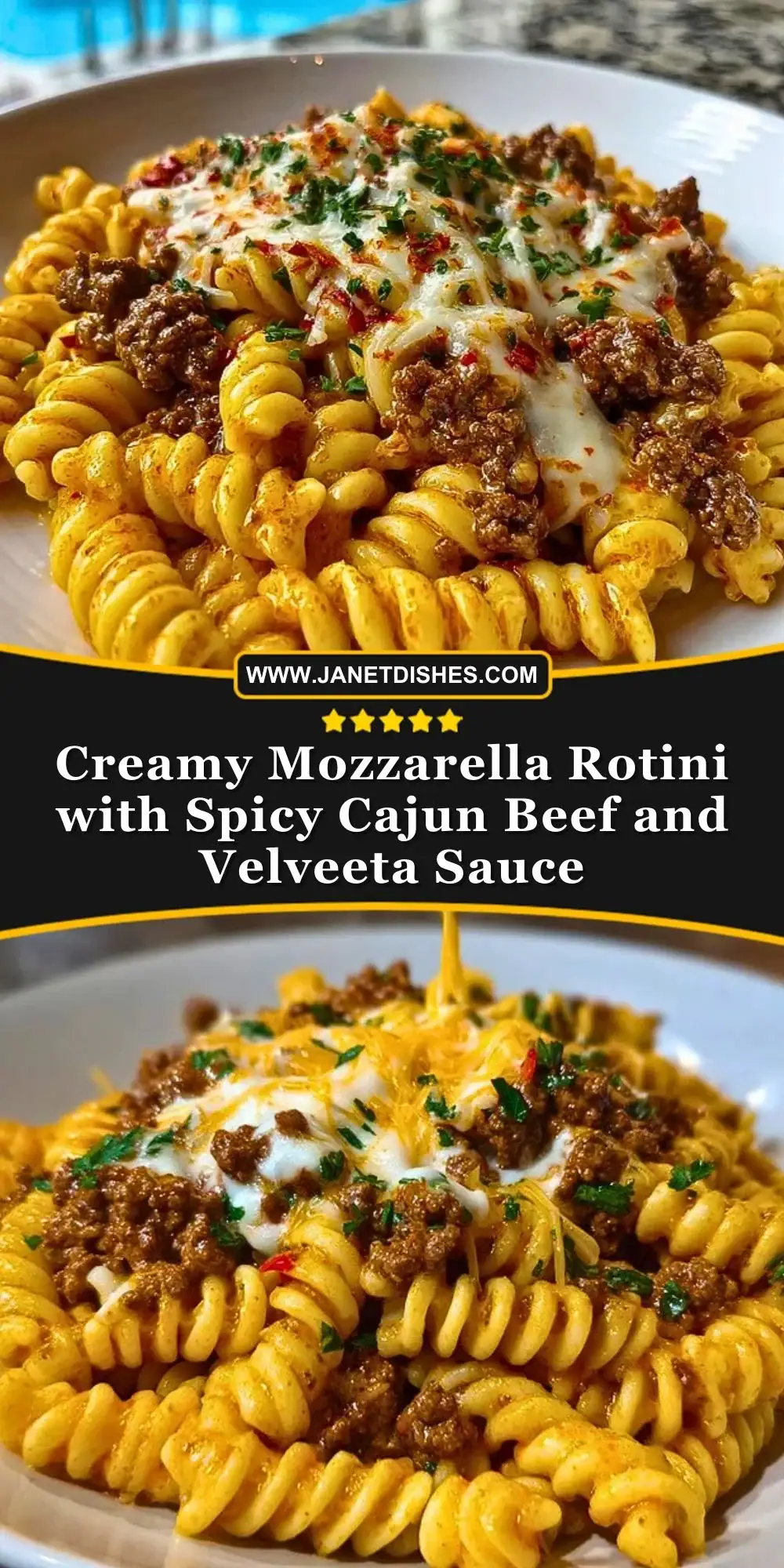 Creamy Mozzarella Rotini with Spicy Cajun Beef and Velveeta Sauce Pin 1