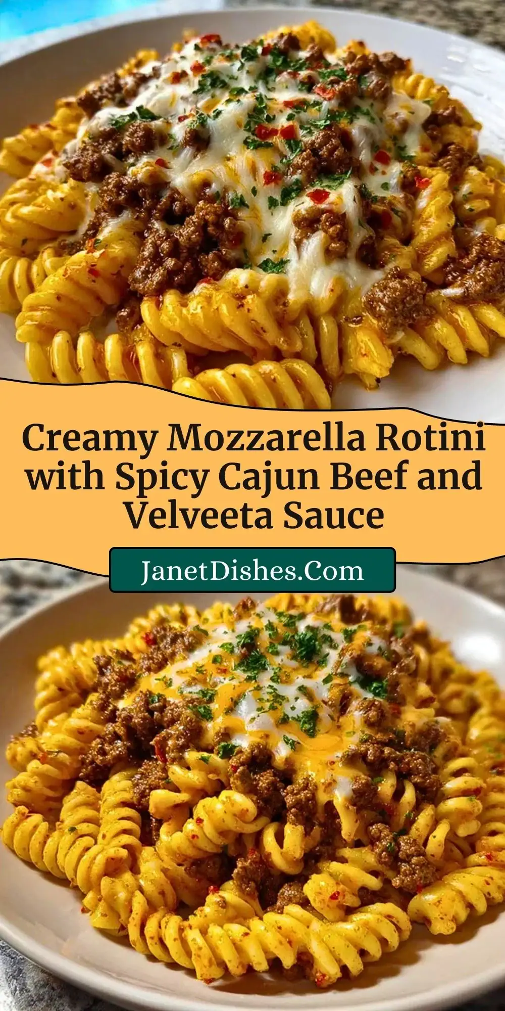 Creamy Mozzarella Rotini with Spicy Cajun Beef and Velveeta Sauce Pin 2