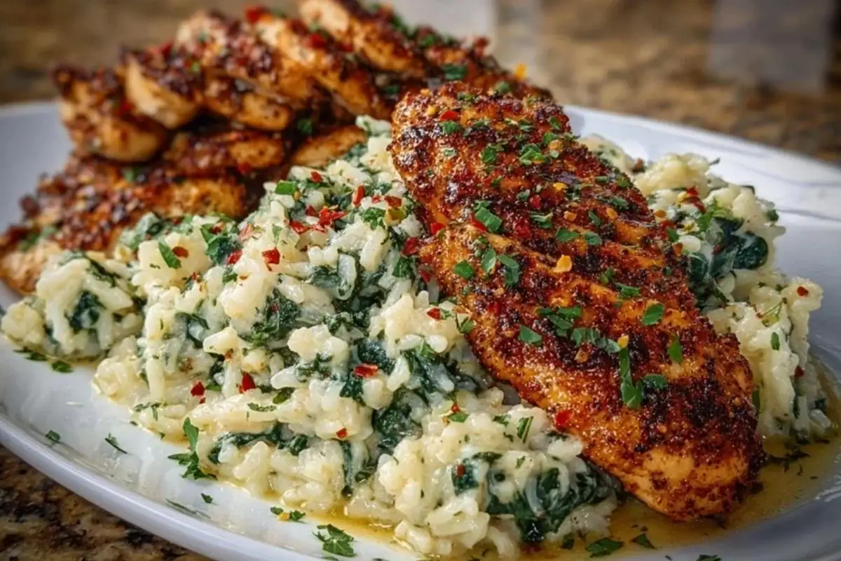 Creamy Parmesan Spinach Rice with Spicy Garlic Chicken 1