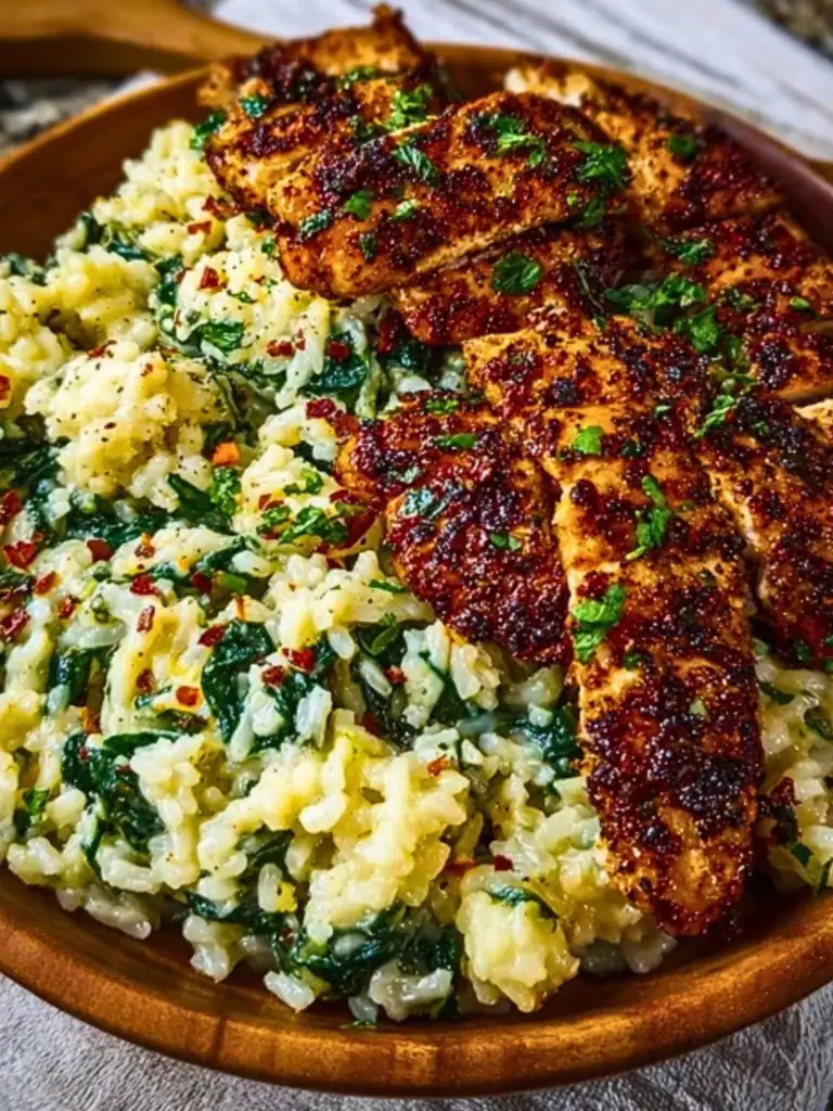 Creamy Parmesan Spinach Rice with Spicy Garlic Chicken 2