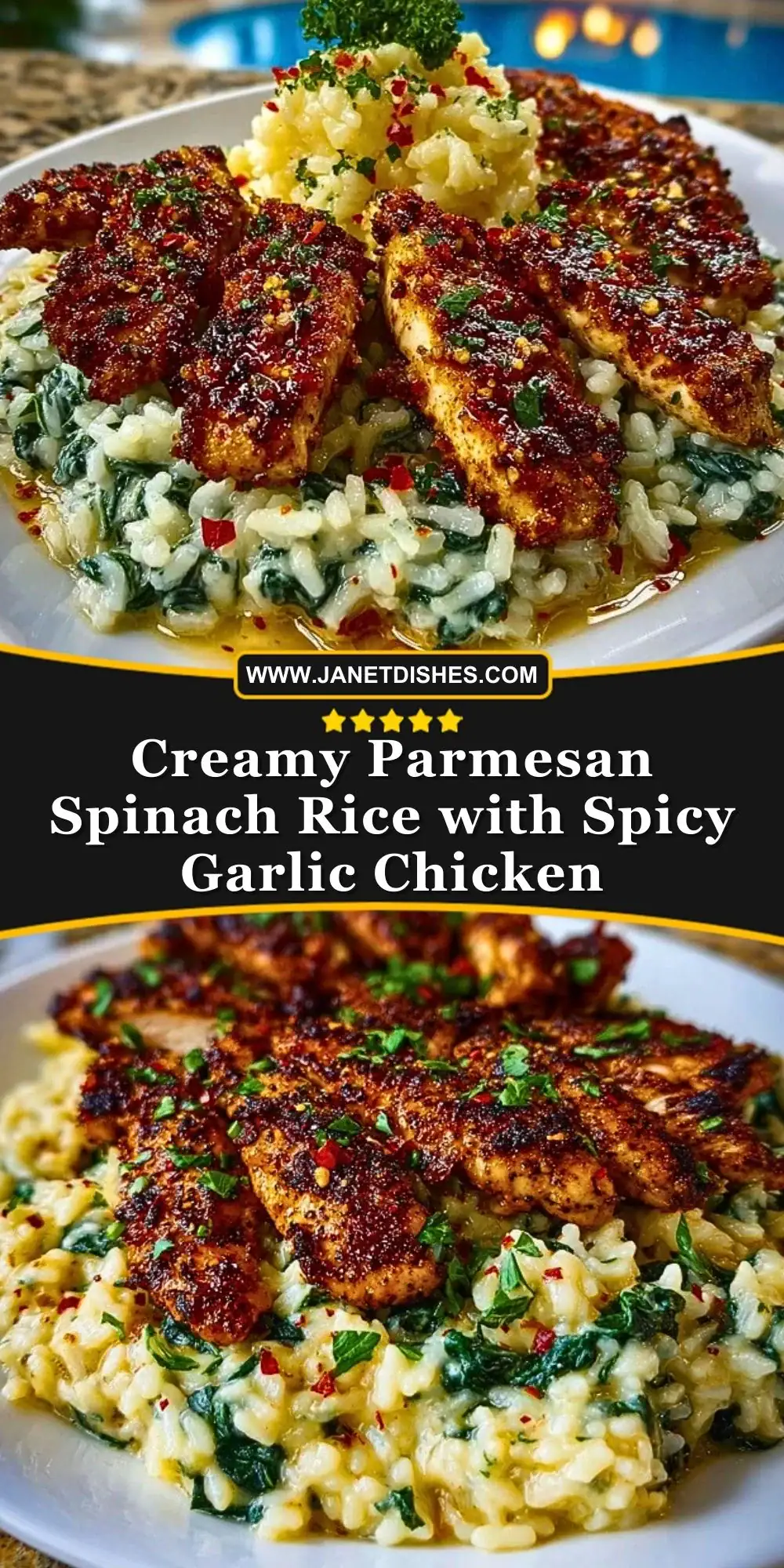 Creamy Parmesan Spinach Rice with Spicy Garlic Chicken Pin 1