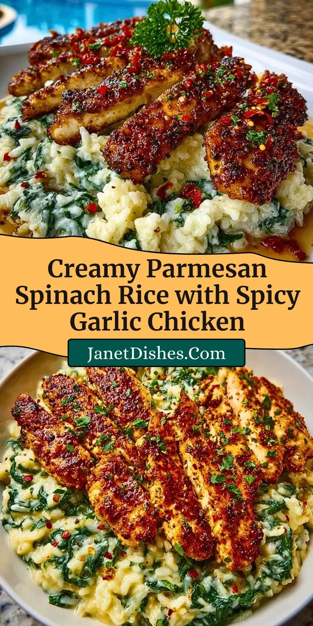 Creamy Parmesan Spinach Rice with Spicy Garlic Chicken Pin 2