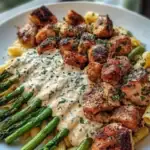 Delicious Greek Chili Chicken Alfredo with Smoked Feta Cream & Crispy Parmesan Asparagus 1