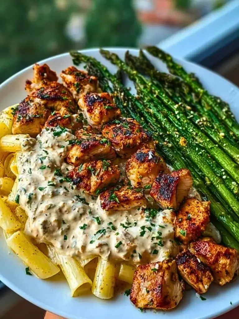Delicious Greek Chili Chicken Alfredo with Smoked Feta Cream & Crispy Parmesan Asparagus 2