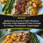 Delicious Greek Chili Chicken Alfredo with Smoked Feta Cream & Crispy Parmesan Asparagus Pin 1