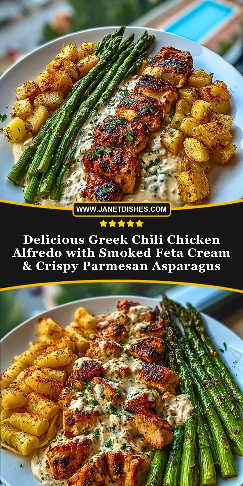 Delicious Greek Chili Chicken Alfredo with Smoked Feta Cream & Crispy Parmesan Asparagus Pin 1