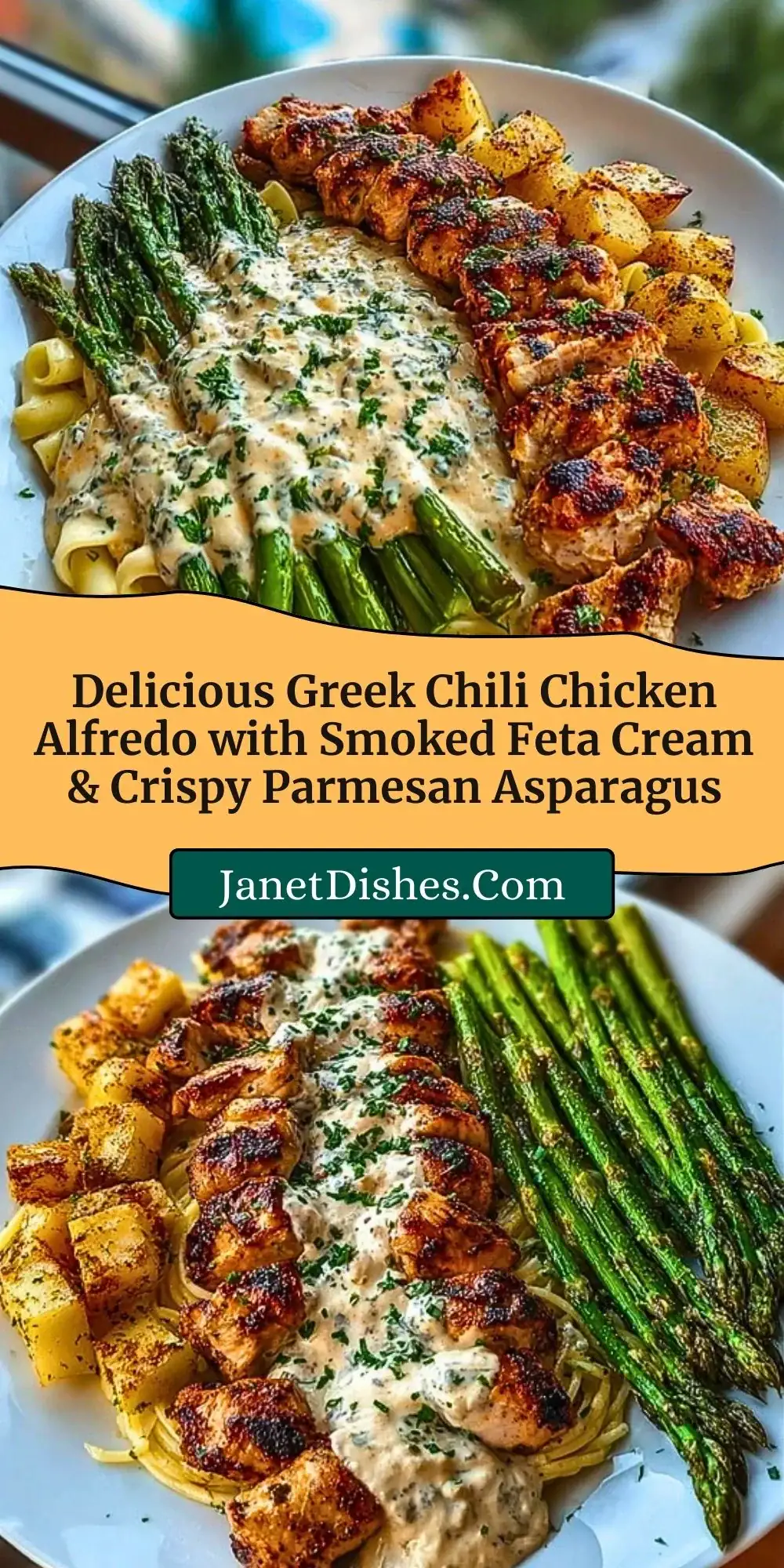 Delicious Greek Chili Chicken Alfredo with Smoked Feta Cream & Crispy Parmesan Asparagus Pin 2