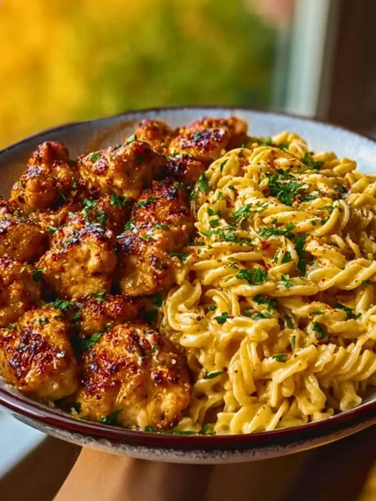 Easy Garlic Butter Chicken Bites Recipe with Spicy Cajun Alfredo Twisted Pasta 2