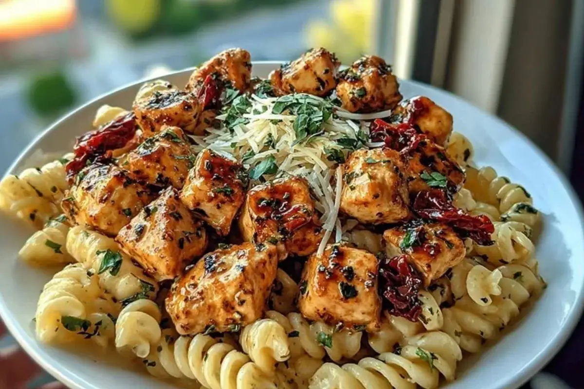 Easy Tuscan Garlic Chicken Bites & Sun-Dried Tomato Cajun Alfredo Pasta Recipe 1