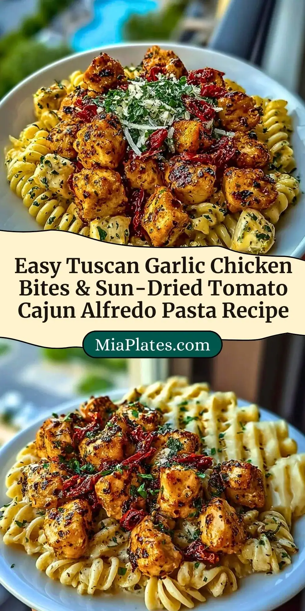 Easy Tuscan Garlic Chicken Bites & Sun-Dried Tomato Cajun Alfredo Pasta Recipe Pin 2