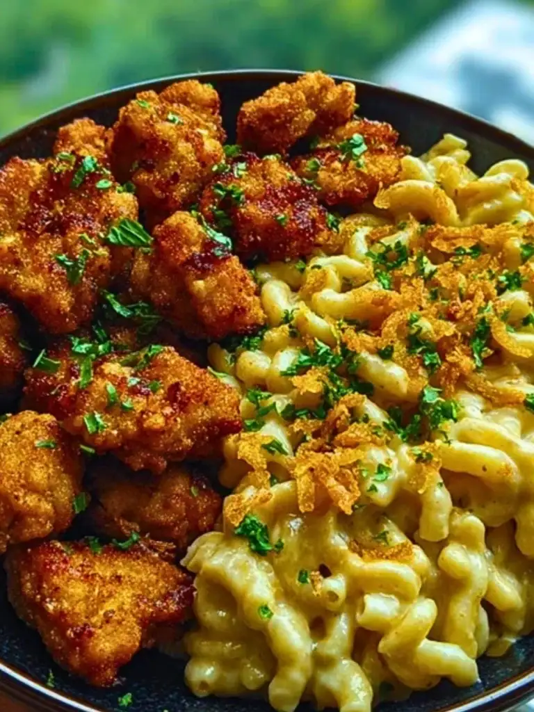Garlic Butter Chicken Bites & Cajun Alfredo Mac with Crispy Onion Topping (1)