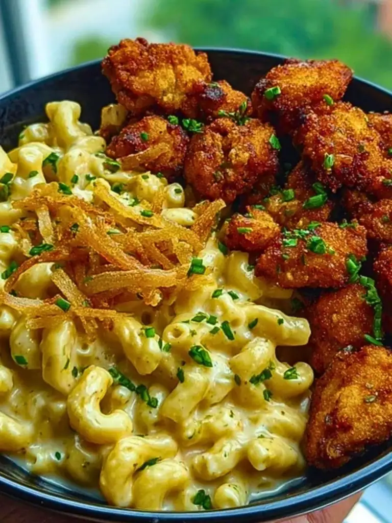 Garlic Butter Chicken Bites & Cajun Alfredo Mac with Crispy Onion Topping (2)