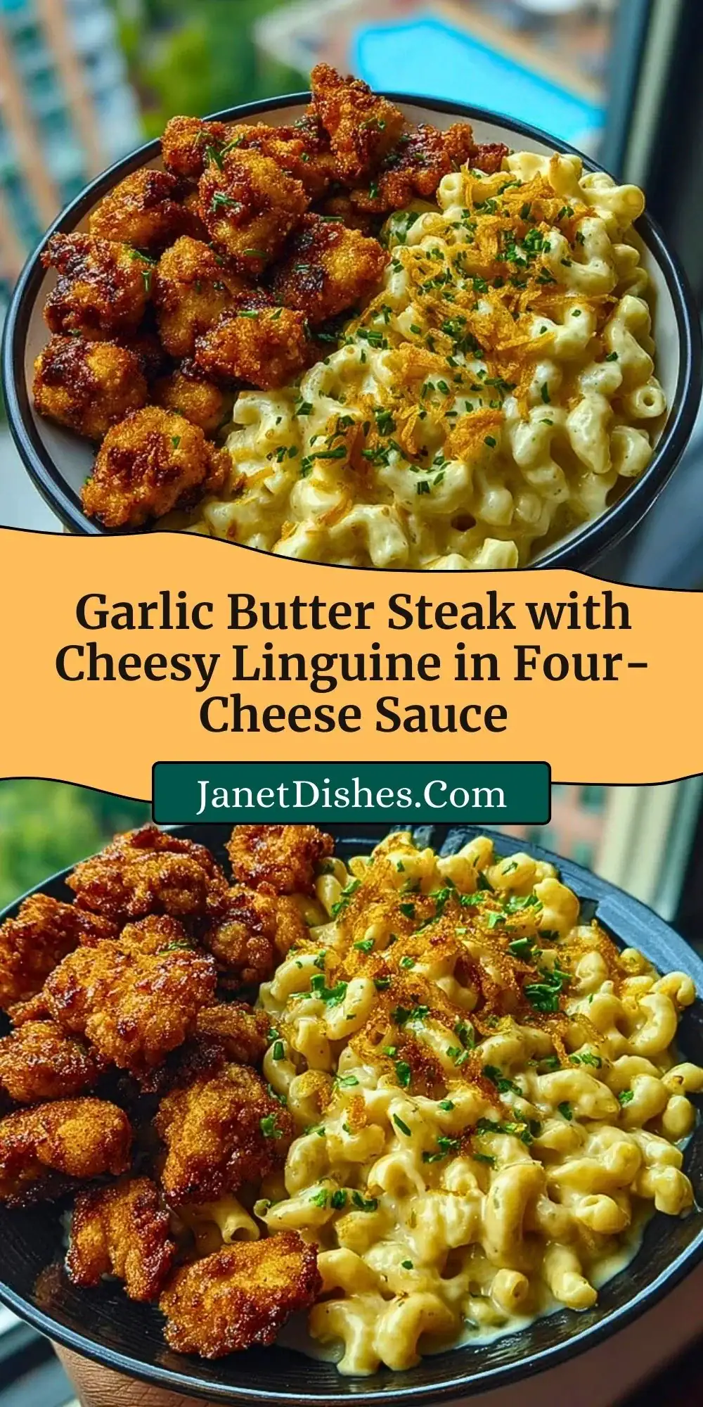 Garlic Butter Chicken Bites & Cajun Alfredo Mac with Crispy Onion Topping Pin 1 (1)