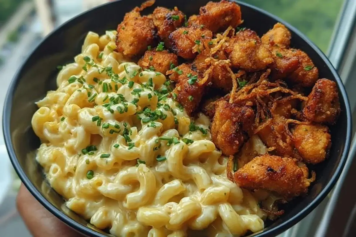 Garlic Butter Chicken Bites & Cajun Alfredo Mac with Crispy Onion Topping