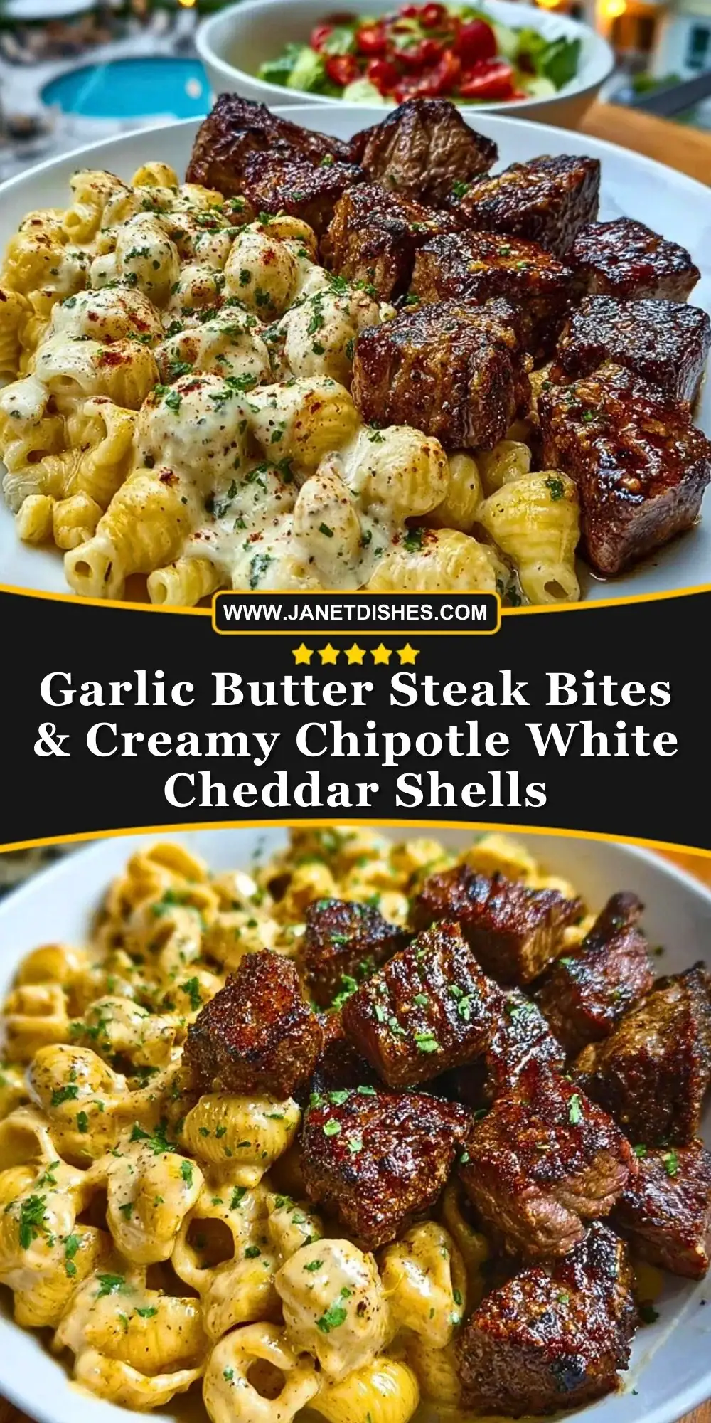 Garlic Butter Steak Bites & Creamy Chipotle White Cheddar Shells Pin 1