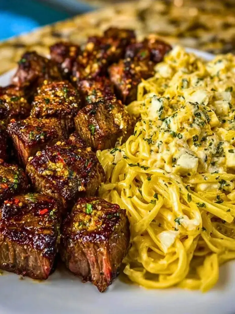 Garlic Butter Steak with Cheesy Linguine in Four-Cheese Sauce (1)