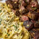 Garlic Butter Steak with Cheesy Linguine in Four-Cheese Sauce