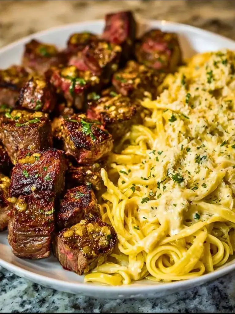 Garlic Butter Steak with Cheesy Linguine in Four-Cheese Sauce (2)